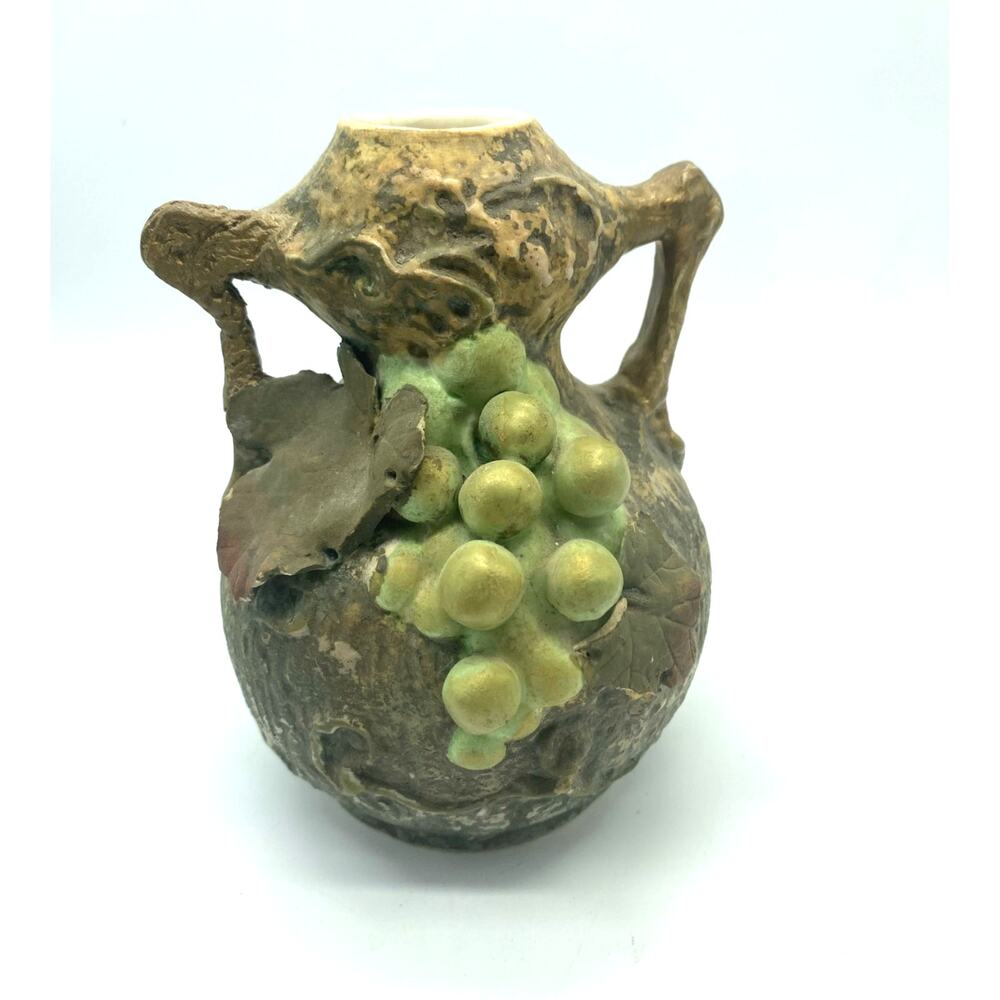 Amphora‎ Art Nouveau Pottery Small Vase with Green Grapes and Leaves